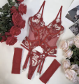Koronkowe body z haftem, paskami do pończoch i rękawkami. Seksowny czerwony komplet z fiszbinami, idealny na prezent, Walentynki lub wieczór we dwoje. Rozmiary S–L.