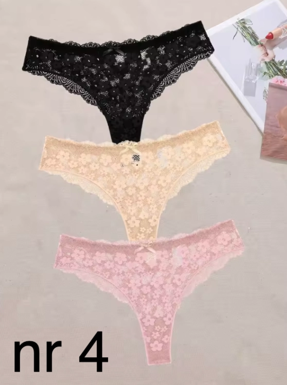 Koronkowe stringi damskie w kwiatowy wzór – eleganckie, zmysłowe i wygodne. Dostępne w różnych kolorach i rozmiarach S–XL. Podkreślają kobiece kształty i dodają pewności siebie.