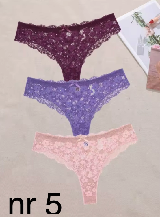 Koronkowe stringi damskie w kwiatowy wzór – eleganckie, zmysłowe i wygodne. Dostępne w różnych kolorach i rozmiarach S–XL. Podkreślają kobiece kształty i dodają pewności siebie.