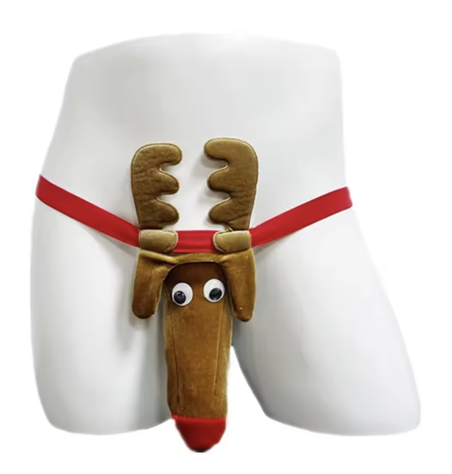 Zabawne świąteczne stringi męskie renifer – idealny prezent na święta i Mikołajki. Miękki materiał, wygodne dopasowanie i humorystyczny design.