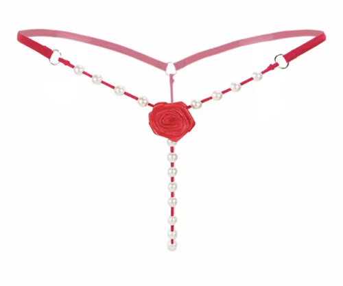 Seksowne stringi z perełkami i ozdobną różą 