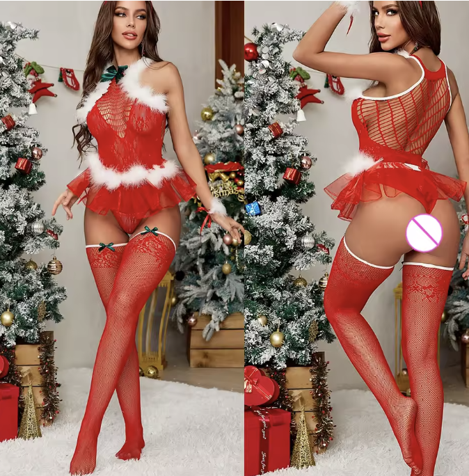 Zmysłowa świąteczna bielizna erotyczna w czerwonym kolorze. Koronkowe komplety, bodystocking i zestawy z pończochami, idealne na świąteczny wieczór i romantyczne chwile.