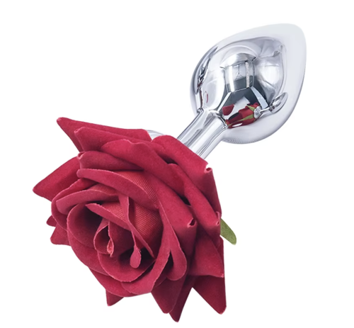 Korek analny z ozdobnym kwiatem w rozmiarach S, M i L. Elegancki metalowy plug z bezpieczną podstawą i dokładnymi wymiarami. Idealny dla początkujących i zaawansowanych.