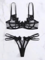 Zmysłowy komplet bielizny damskiej z siateczką i koronką. Biustonosz z fiszbinami i stringi z paseczkami. Idealny na romantyczny wieczór. Sprawdź na Dybcia.pl