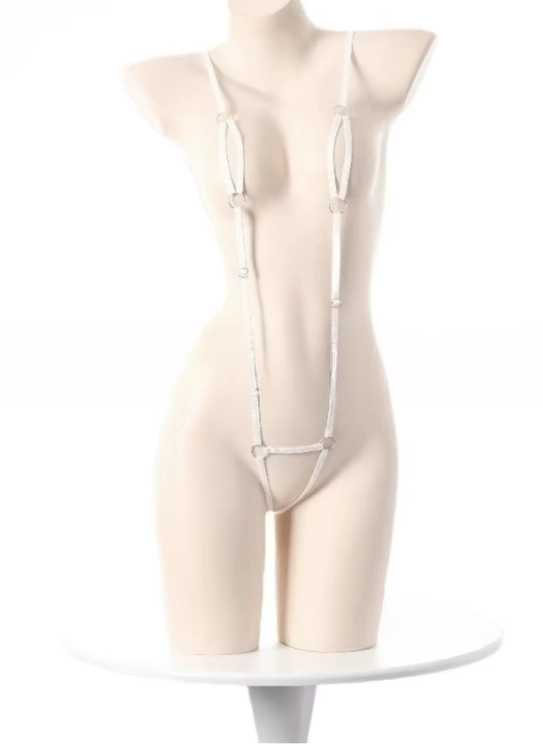 Seksowna uprząż na ciało typu body harness. Minimalistyczne paski, regulowane dopasowanie, rozmiar uniwersalny 40-65 kg. Idealna bielizna erotyczna.