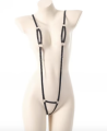 Seksowna uprząż na ciało typu body harness. Minimalistyczne paski, regulowane dopasowanie, rozmiar uniwersalny 40-65 kg. Idealna bielizna erotyczna.