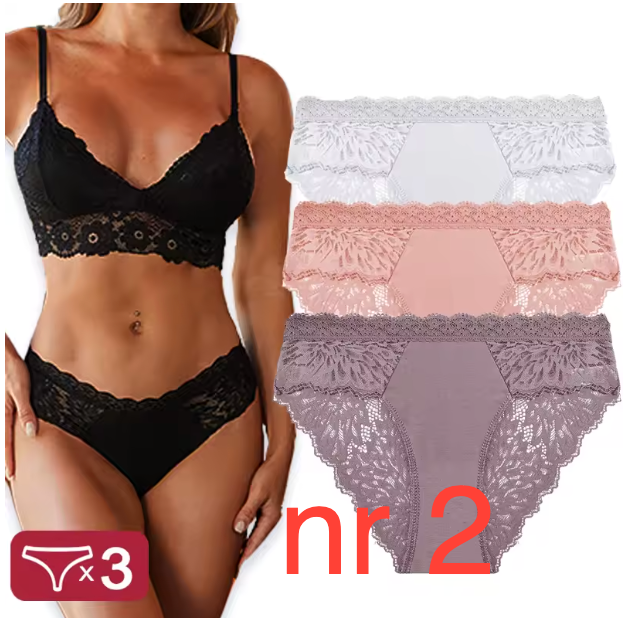 Koronkowe majtki damskie 3-pak. Elegancka, wygodna bielizna z miękkiego materiału, idealna na co dzień i pod dopasowane ubrania.