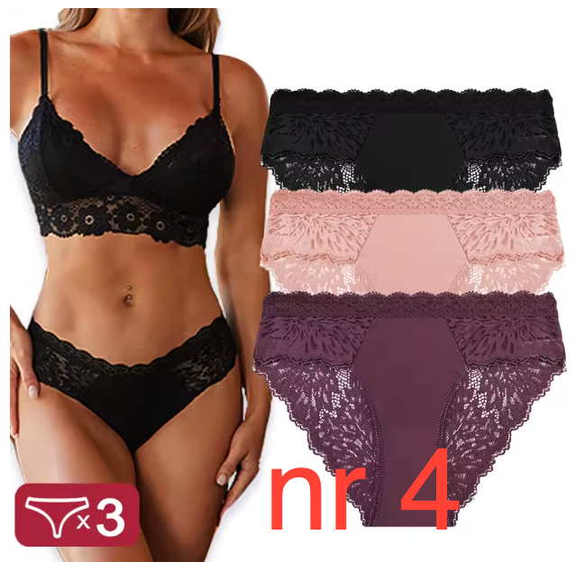 Koronkowe majtki damskie 3-pak. Elegancka, wygodna bielizna z miękkiego materiału, idealna na co dzień i pod dopasowane ubrania.