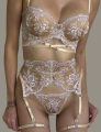 Elegancki komplet bielizny damskiej nude – biustonosz, pas do pończoch i stringi. Transparentna siateczka i haft podkreślający sylwetkę.