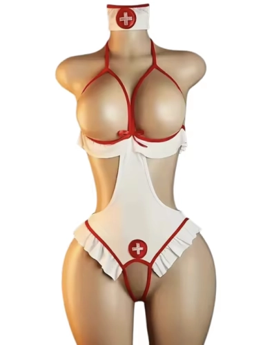 Seksowne przebranie pielęgniarki z opaską. Kuszące body z wycięciami, odkrytymi plecami i czerwonymi detalami. Dostępne w rozmiarach S, M, L oraz XL. Idealne na romantyczny wieczór.