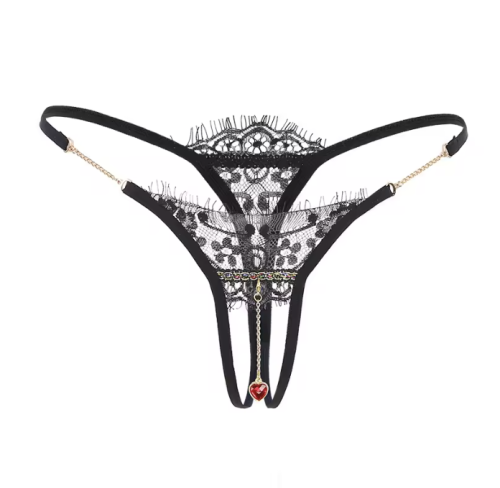 Koronkowe stringi damskie z ozdobnym serduszkiem i złotymi łańcuszkami. Elegancka czarna bielizna damska w uniwersalnym rozmiarze, pasująca do talii 61-86 cm.