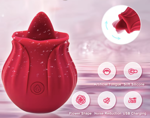 Wibrator ssący Rose dla kobiet z 10 trybami pulsacji. Stymulator łechtaczki i sutków wykonany z silikonu medycznego FDA. Wodoodporny IPX6, ładowanie USB, dyskretny design róży.