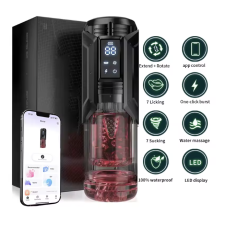 Zaawansowany masturbator automatyczny sterowany aplikacją Bluetooth. 7 trybów ssania, 7 trybów rotacji, 7 trybów ruchu posuwistego i stymulacji języczkiem, wyświetlacz LED, wodoodporna konstrukcja oraz wyjmowana tuleja zapewniają realistyczne doznania.
