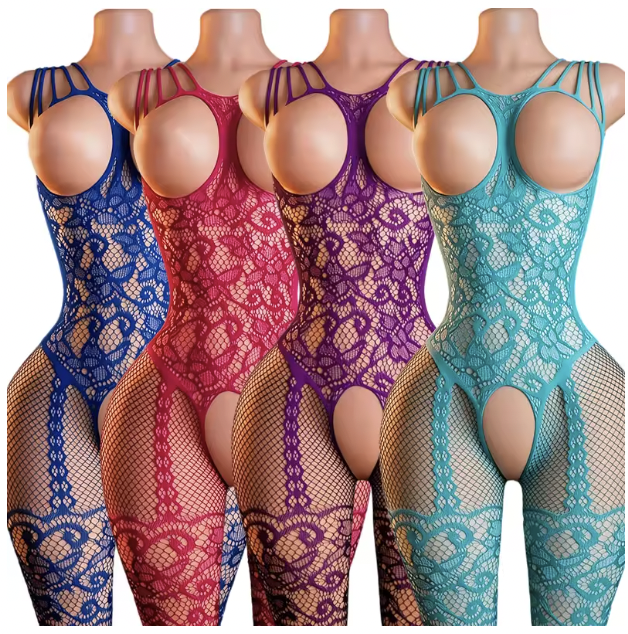 Koronkowe bodystocking damskie z otwartym biustem i krokiem. Elastyczna siateczka, długie nogawki i rozmiar One Size. Sprawdź dostępne kolory.