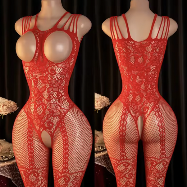 Koronkowe bodystocking damskie z otwartym biustem i krokiem. Elastyczna siateczka, długie nogawki i rozmiar One Size. Sprawdź dostępne kolory.