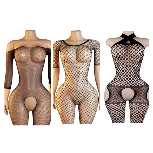 Zestaw 3 zmysłowych bodystocking damskich w różnych wzorach. Elastyczna siateczka, rozmiar uniwersalny i 3 efektowne fasony w jednym zestawie.
