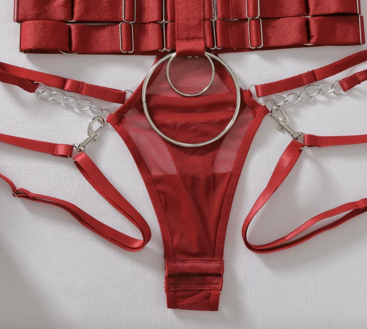 Zmysłowy komplet bielizny harness z transparentnym topem, pasem na talię i stringami z paskami na uda. Metalowe kółka, regulacja, czarny i czerwony.